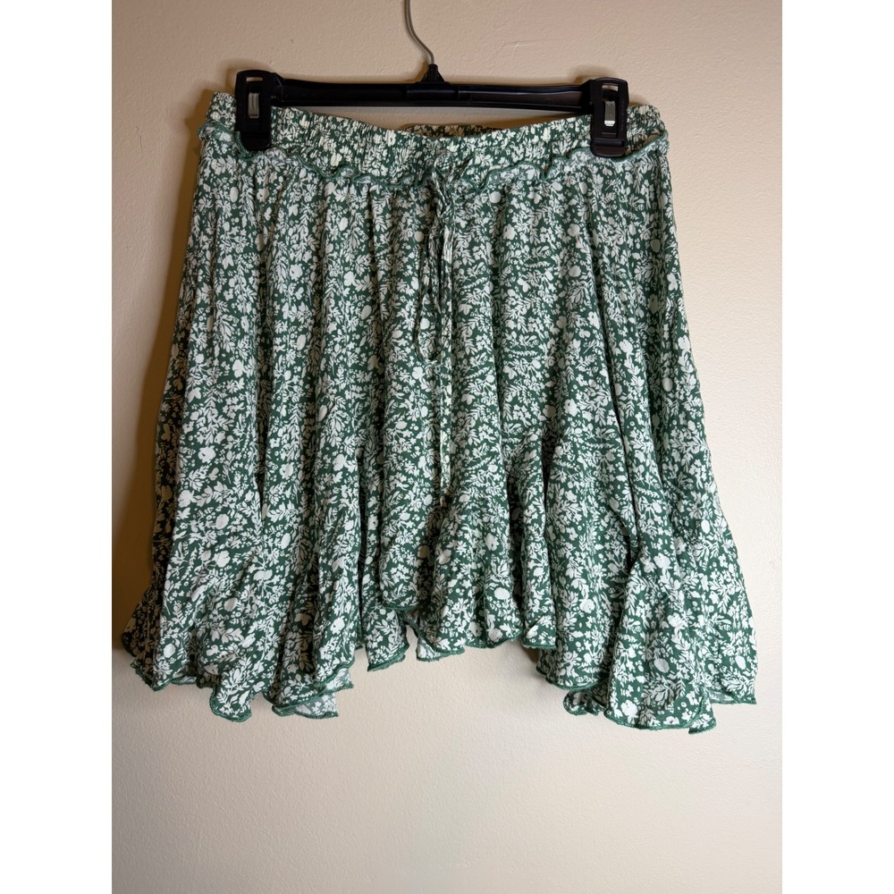 PINCH Womens L Green Floral Mini Skirt Rayon Boho Cottagecore Flounce